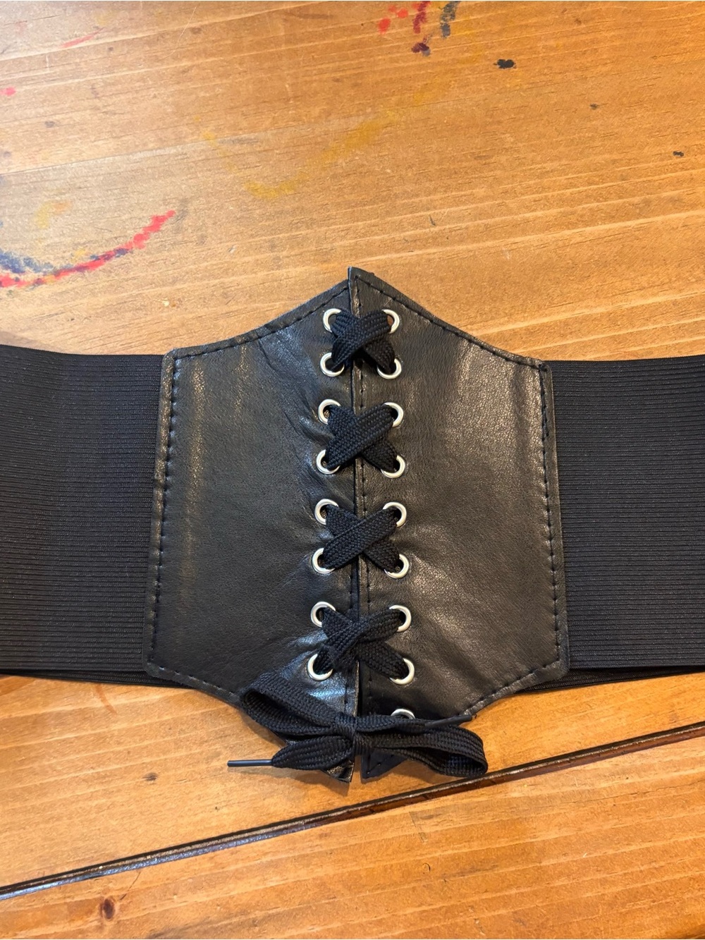 Womens faux leather lace up corset belt wide elastic waist cincher black 28-32